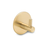 Les 4x Rudro Hooks 3M de yessential.fr sont des crochets muraux en métal doré avec une base ronde et une tige cylindrique courte, idéaux comme crochets à serviettes, représentés sur un fond blanc.