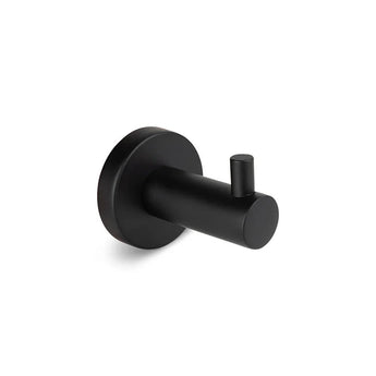 L'ensemble de toilettes Lorenzo Noir de yessential.fr est parsemé d'un crochet mural cylindrique élégant avec une base ronde ronde minimaliste, idéal pour vos accessoires dans la salle de bain noir mat. Sur la photo sur un fond blanc.