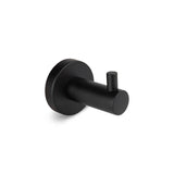 L'ensemble de toilettes Romano Noir de yessential.fr est parsemé d'un crochet mural cylindrique noir mat avec une base ronde et une petite cheville, idéal pour vos accessoires dans la salle de bain. Représenté sur un fond blanc.