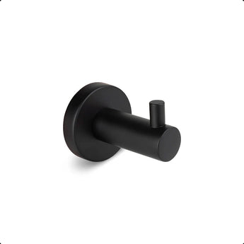 Le Justo Black Hook est un crochet à serviette en acier inoxydable noir mat avec une base cylindrique et une tige courte et horizontale - idéal comme crochet à serviette noir pour votre salle de bain.