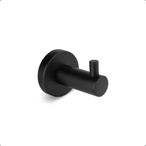 Le Justo Black Hook est un crochet à serviette en acier inoxydable noir mat avec une base cylindrique et une tige courte et horizontale - idéal comme crochet à serviette noir pour votre salle de bain.