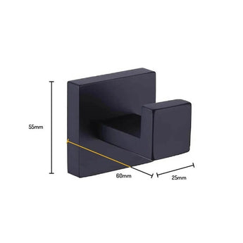 Le Crochet Noir Valo de yessential.fr est un crochet mural rectangulaire noir, idéal comme crochet à serviette noir, de 55 mm de haut, 60 mm de large, avec une rallonge de crochet de 25 mm. Les dimensions de référence et les étiquettes sont incluses.