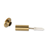 L'ensemble 4x Carreno Gold de yessential.fr se compose de chevilles murales en laiton avec un couvercle fileté rond, un insert cylindrique, une vis et une cheville murale blanche - un accessoire de salle de bain idéal - disposés sur un fond blanc.