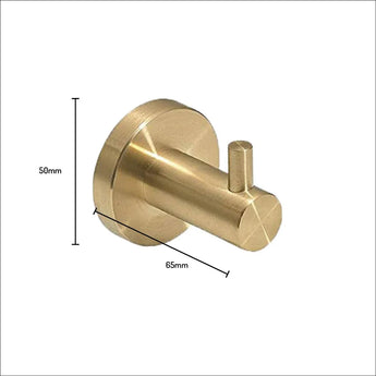 Le crochet Justo Gold de yessential.fr présente une finition en or brossé, une base ronde, un corps cylindrique et un petit clip. Le crochet mesure 65 mm de long et 50 mm de haut et les dimensions sont indiquées par des flèches sur fond blanc.