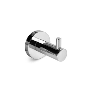 Le Crochet Justo Chrome de yessential.fr est un crochet porte-serviettes mural avec une base ronde et un clip cylindrique, idéal pour suspendre des serviettes ou des peignoirs dans la salle de bain. Sur la photo isolée sur un fond blanc.