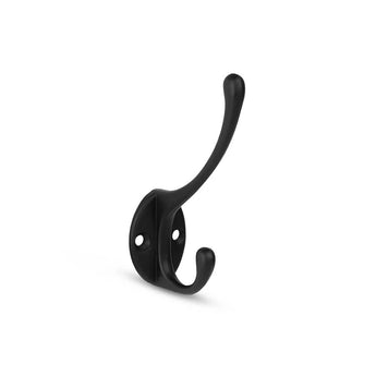 Le Nismo Black 1-Hook de yessential.fr est un patère noir avec deux crochets incurvés et deux trous de vis, représentés sur un simple fond blanc. Idéal pour n’importe quelle entrée ou armoire.