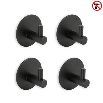 Quatre crochets Rudro noirs ronds 3M de yessential.fr sont représentés sur fond blanc. Une petite icône indique qu'aucun perçage n'est nécessaire : ces crochets autocollants sont parfaits pour une installation facile. L'ensemble se compose de 4 crochets.