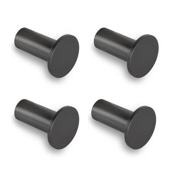 Ensemble de quatre crochets de salle de bain Carreno Gunmetal de yessential.fr, présentés dans une grille deux par deux sur fond blanc. Chaque crochet en acier inoxydable a une finition noire et un devant rond et plat.