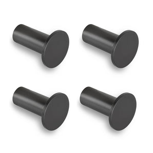 Ensemble de quatre crochets de salle de bain Carreno Gunmetal de yessential.fr, présentés dans une grille deux par deux sur fond blanc. Chaque crochet en acier inoxydable a une finition noire et un devant rond et plat.