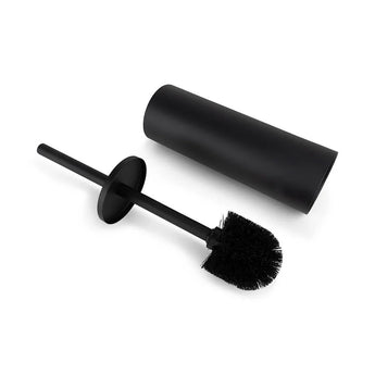 L'ensemble de toilettes Juano Black de yessential.fr se compose d'une brosse de toilette noire et d'un support cylindrique, représentés sur le côté sur un fond blanc. Parfait pour un ensemble de salle de bain noir mat et facile à installer sans perçage.