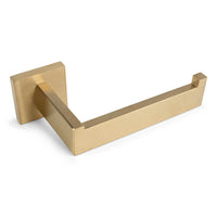 Le Vero Gold Deluxe de yessential.fr est un porte-rouleau de papier toilette doré moderne avec une base carrée, un design angulaire élégant et un montage mural en forme de L. Un ajout luxueux et élégant à vos accessoires de salle de bain.