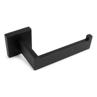 Le Vero Black Deluxe de yessential.fr est un porte-rouleau de papier toilette mural noir mat au design angulaire moderne et à base carrée, équipé d'un bras droit avec une extrémité surélevée pour des accessoires de toilette luxueux.
