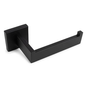 Le Vero Black Deluxe de yessential.fr est un porte-rouleau de papier toilette mural noir mat au design angulaire moderne et à base carrée, équipé d'un bras droit avec une extrémité surélevée pour des accessoires de toilette luxueux.
