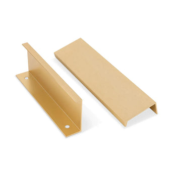 Deux supports Enzo Gold de yessential.fr sont présentés : l'un vertical avec deux trous de vis, l'autre plat. Les deux ont une courbure à angle droit et une finition dorée métallique lisse.
