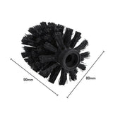 La brosse supplémentaire yessential.fr est une tête de brosse noire ronde remplaçable avec des poils denses pour le nettoyage des toilettes. La tête de brosse mesure 90 mm x 80 mm et est représentée en diagonale avec les dimensions indiquées.