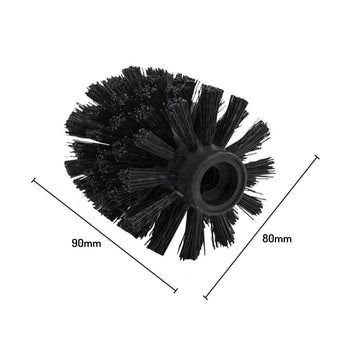 La brosse supplémentaire yessential.fr est une tête de brosse noire ronde remplaçable avec des poils denses pour le nettoyage des toilettes. La tête de brosse mesure 90 mm x 80 mm et est représentée en diagonale avec les dimensions indiquées.