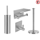 L'ensemble de toilettes yessential.fr Ludo en acier inoxydable (sans perceuse) contient une brosse WC avec support, un porte-rouleau de papier toilette mural avec étagère, un crochet mural et un porte-rouleau de papier toilette sur pied. Facile à installer sans perçage, idéal comme ensemble d'accessoires de toilettes.