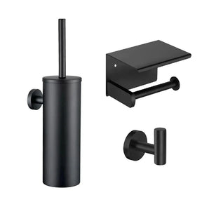 L'ensemble WC Nando Black de yessential.fr contient un porte-brosse de toilette mural noir mat au design minimaliste, un porte-rouleau de papier toilette avec étagère et un seul crochet pour peignoir.
