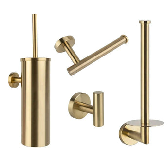 L'ensemble WC Corrado Gold de yessential.fr comprend quatre accessoires modernes en or au fini mat : un porte-brosse de toilette, un crochet mural, un porte-rouleau de papier toilette et un porte-rouleau de rechange - un ajout élégant à toute salle de bain.