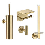 L'ensemble WC Pacho Gold de yessential.fr se compose de 4 accessoires de salle de bain dorés : un porte-brosse de toilette, un porte-papier toilette avec étagère, un support de rechange et un crochet mural simple - le tout dans une finition moderne en métal brossé.