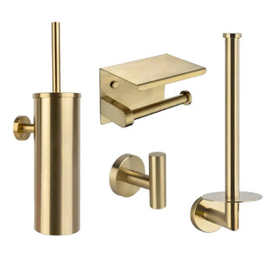 L'ensemble WC Pacho Gold de yessential.fr se compose de 4 accessoires de salle de bain dorés : un porte-brosse de toilette, un porte-papier toilette avec étagère, un support de rechange et un crochet mural simple - le tout dans une finition moderne en métal brossé.