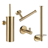 L'ensemble de toilette Romano Gold de yessential.fr se compose de quatre accessoires de toilette dorés - un porte-brosse fin, un porte-papier incliné, un crochet pour peignoir et un porte-rouleau de rechange - qui ajoutent une élégance moderne à votre salle de bain.