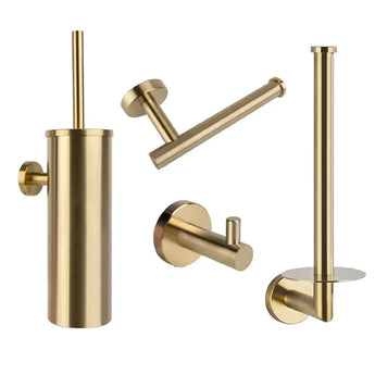 L'ensemble de toilette Romano Gold de yessential.fr se compose de quatre accessoires de toilette dorés - un porte-brosse fin, un porte-papier incliné, un crochet pour peignoir et un porte-rouleau de rechange - qui ajoutent une élégance moderne à votre salle de bain.