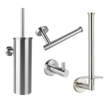 L'ensemble de toilettes Romano en acier inoxydable de yessential.fr se compose de quatre accessoires de salle de bain en acier inoxydable : un porte-brosse de toilette, un porte-papier toilette, un crochet et un porte-rouleau de rechange - un ensemble complet idéal pour tout espace moderne et élégant.
