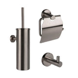 L'ensemble WC Marino Gunmetal de yessential.fr se compose d'un porte-brosse WC en acier inoxydable, d'un porte-papier toilette avec couvercle et crochet mural - le tout dans une finition bronze brossé moderne pour améliorer toute salle de bain moderne.