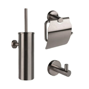 L'ensemble WC Marino Gunmetal de yessential.fr se compose d'un porte-brosse WC en acier inoxydable, d'un porte-papier toilette avec couvercle et crochet mural - le tout dans une finition bronze brossé moderne pour améliorer toute salle de bain moderne.