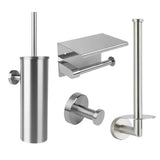 L'ensemble de toilettes Santino en acier inoxydable de yessential.fr contient un porte-brosse de toilette, un porte-papier toilette avec couvercle, un crochet mural et un porte-rouleau de rechange - parfait pour améliorer votre salle de bain avec style et fonctionnalité.