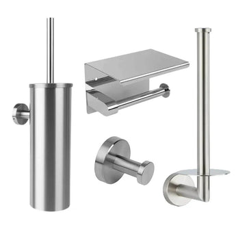 L'ensemble de toilettes Santino en acier inoxydable de yessential.fr contient un porte-brosse de toilette, un porte-papier toilette avec couvercle, un crochet mural et un porte-rouleau de rechange - parfait pour améliorer votre salle de bain avec style et fonctionnalité.