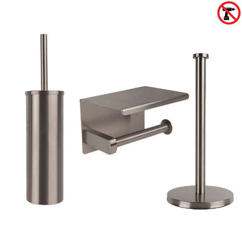 L'ensemble WC Tygo Gunmetal (sans perçage) de yessential.fr se compose d'un porte-brosse WC en acier inoxydable, d'une toilette murale avec étagère et d'un porte-papier toilette sur pied, chacun en bronze élégant. Symbole « Ne pas percer » en haut à droite.