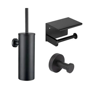 L'ensemble de toilettes Midao Black de yessential.fr se compose de trois parties élégantes : un porte-brosse de toilette mural, un porte-papier toilette avec étagère et un crochet pour peignoir - des accessoires de salle de bain parfaits pour toute salle de bain moderne.