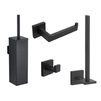 L'ensemble WC Venzo Black de yessential.fr se compose d'un ensemble brosse WC, d'un porte-papier, d'un crochet mural et d'un montant vertical - le tout avec un design carré élégant - sur un fond blanc.