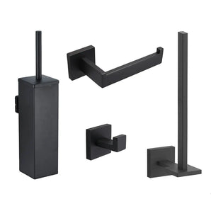 L'ensemble WC Venzo Black de yessential.fr se compose d'un ensemble brosse WC, d'un porte-papier, d'un crochet mural et d'un montant vertical - le tout avec un design carré élégant - sur un fond blanc.