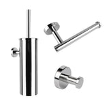 L'ensemble WC Xavo Chrome de yessential.fr se compose de trois accessoires de salle de bain en acier inoxydable : un porte-brosse WC mural, un porte-papier toilette et un crochet mural simple, le tout dans un design épuré et moderne sur fond blanc.