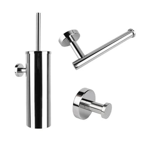 L'ensemble WC Xavo Chrome de yessential.fr se compose de trois accessoires de salle de bain en acier inoxydable : un porte-brosse WC mural, un porte-papier toilette et un crochet mural simple, le tout dans un design épuré et moderne sur fond blanc.