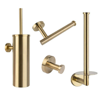 L'ensemble WC Cosimo Gold de yessential.fr est un ensemble d'accessoires de salle de bain moderne et minimaliste composé de quatre éléments de couleur dorée : un porte-brosse de toilette, un porte-rouleau de papier toilette, un crochet mural simple et un porte-rouleau de rechange sur fond blanc.