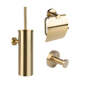 L'ensemble WC Mano Gold de yessential.fr se compose d'un porte-brosse WC, d'un porte-papier toilette avec couvercle et d'un crochet mural doré - idéal pour une salle de bain élégante.