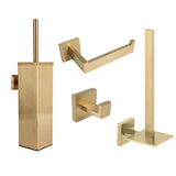L'ensemble de toilettes Venzo Gold de yessential.fr se compose de quatre accessoires de salle de bains dorés modernes : un porte-brosse de toilette, un porte-papier, un crochet pour peignoir simple et un porte-papier de rechange - avec un design carré élégant sur fond blanc.