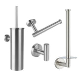 L'ensemble de toilettes Corrado en acier inoxydable de yessential.fr se compose de quatre accessoires de salle de bain en acier inoxydable : un porte-brosse de toilette mural, un porte-papier toilette, un porte-rouleau de rechange et un crochet mural, le tout avec un design élégant et minimaliste.