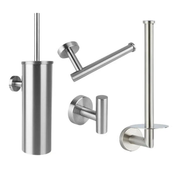 L'ensemble de toilettes Corrado en acier inoxydable de yessential.fr se compose de quatre accessoires de salle de bain en acier inoxydable : un porte-brosse de toilette mural, un porte-papier toilette, un porte-rouleau de rechange et un crochet mural, le tout avec un design élégant et minimaliste.