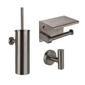 L'ensemble WC Nando Gunmetal de yessential.fr se compose d'un porte-brosse de toilette, d'un porte-papier toilette avec étagère et crochet mural, le tout en acier inoxydable brossé - des accessoires de luxe parfaits pour moderniser votre salle de bain.