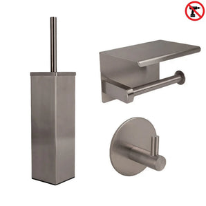 L'ensemble WC Mauro Gunmetal (sans perçage) de yessential.fr se compose d'un porte-brosse WC carré, d'un porte-papier toilette mural avec étagère et d'un crochet mural rond - des accessoires élégants pour les salles de bains modernes. Aucun perçage requis.