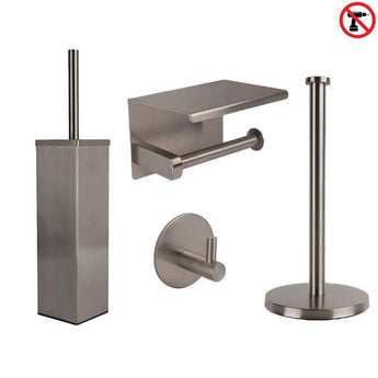 L'ensemble de toilettes Cano Gunmetal (sans perçage) de yessential.fr se compose d'un ensemble de brosse de toilette, d'un porte-papier toilette avec étagère, d'un crochet mural et d'un porte-papier toilette sur pied. « Pas de perçage » signifie une installation facile – aucun perçage requis.