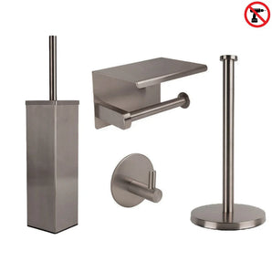 L'ensemble de toilettes Cano Gunmetal (sans perçage) de yessential.fr se compose d'un ensemble de brosse de toilette, d'un porte-papier toilette avec étagère, d'un crochet mural et d'un porte-papier toilette sur pied. « Pas de perçage » signifie une installation facile – aucun perçage requis.