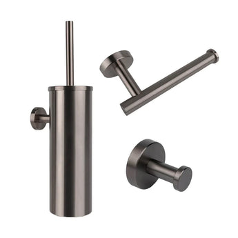 Améliorez votre salle de bain avec l'ensemble WC Xavo Gunmetal de yessential.fr : contient un porte-brosse de toilette, un porte-rouleau de papier toilette mural et un crochet en bronze brossé moderne. Ajoutez des accessoires de toilettes élégants à votre espace !.