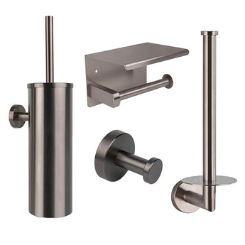 L'ensemble de toilettes Santino Gunmetal de yessential.fr se compose d'un ensemble de brosse de toilette en bronze mat, de toilettes suspendues avec étagère, d'un crochet pour peignoir et d'un porte-rouleau de rechange - idéal pour moderniser votre salle de bain.