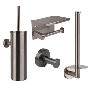 L'ensemble de toilettes Santino Gunmetal de yessential.fr se compose d'un ensemble de brosse de toilette en bronze mat, de toilettes suspendues avec étagère, d'un crochet pour peignoir et d'un porte-rouleau de rechange - idéal pour moderniser votre salle de bain.